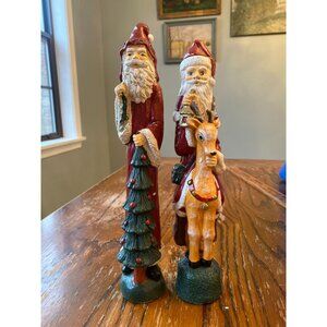Vintage Ceramic "Old World Santa" Candlestick Holders With Christmas Tree & Rein